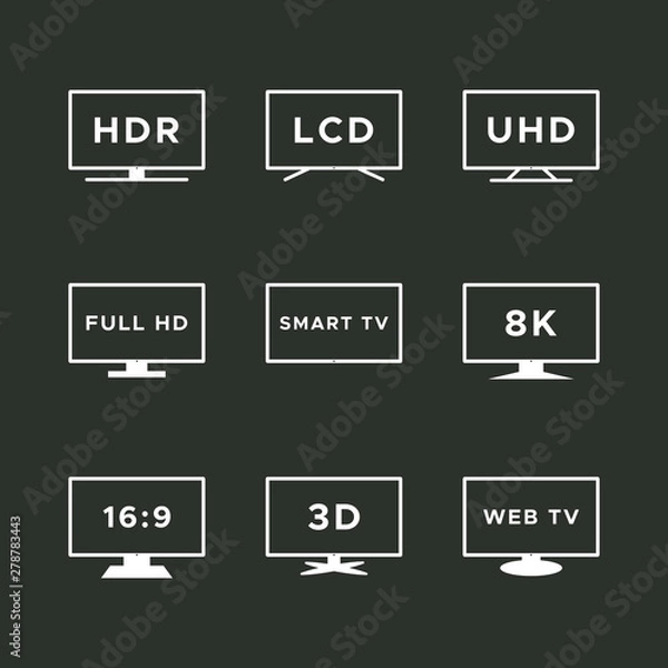 Fototapeta Smart TV icon set. White line TV screens isolated on black background. Web TV features: HDR, LCD, UHD, full HD, 8K, 16:9. Vector illustration, flat design
