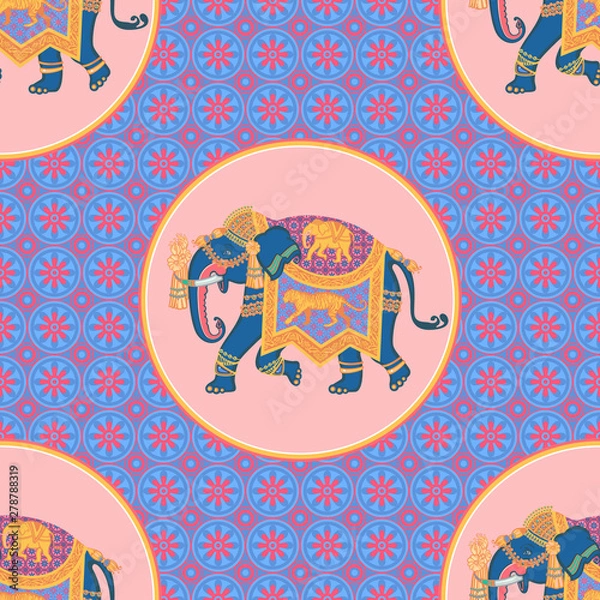 Fototapeta Indian elephant. Vector graphics. Decorative image. Seamless pattern