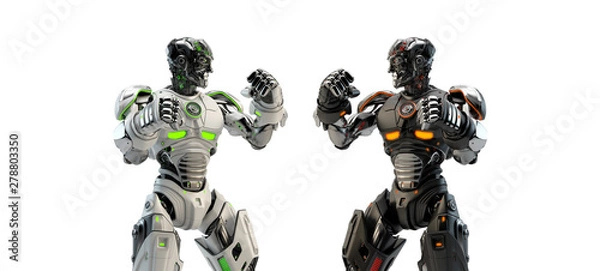Fototapeta White vs black robotic boxers boxing, 3d rendering on light background