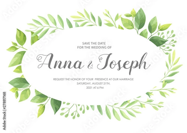 Fototapeta Wedding invitation with green leaves border. Floral invite card template set. Vector illustration.