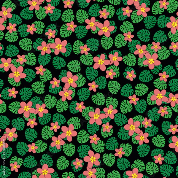 Fototapeta raster illustration. tea pink plumeria flowers on jungle of monstera leaves seamless repeat pattern.