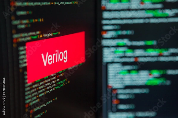 Fototapeta Programming language, Verilog inscription on the background of computer code.