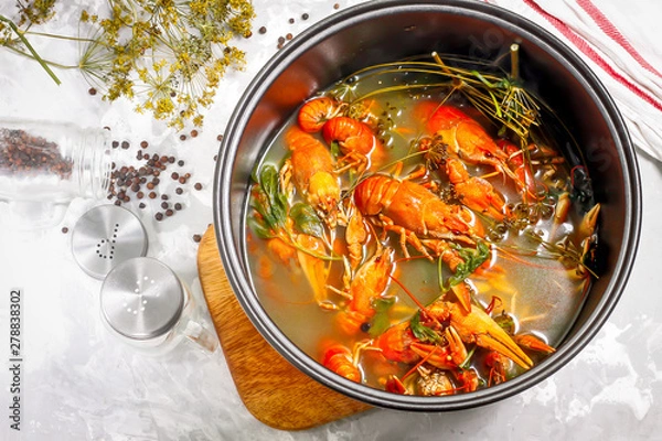 Obraz Boiled crayfish in a bowl of the cooker with spices, mustard and greens. Step 7.