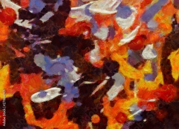 Fototapeta Close up oil paint abstract background. Art textured brushstrokes in macro. Part of painting. Old style artwork. Dirty watercolor texture. Modern pattern. Chaotic splashes. Multi-colors design.