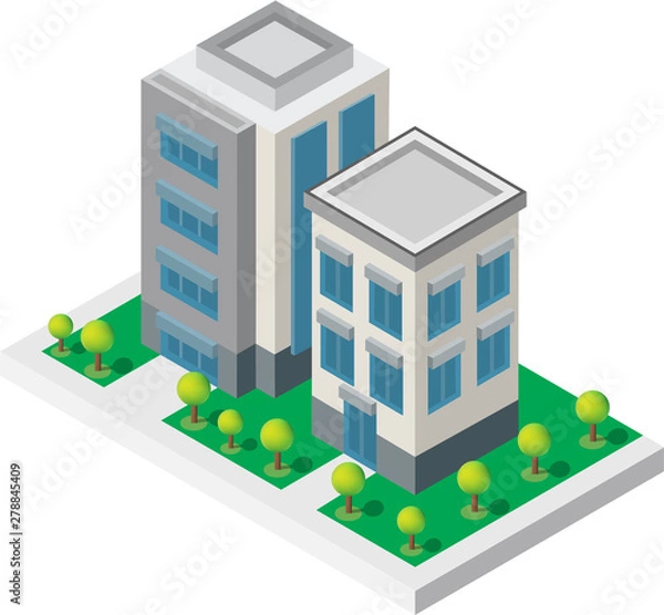 Obraz Isometric Building vector. Two building on Yard with road and trees.building 3d , smart city,Vector office and town apartment concept.
