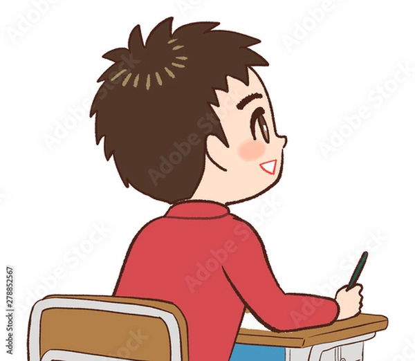 Obraz 教室 机 椅子　前を見る子供　笑顔