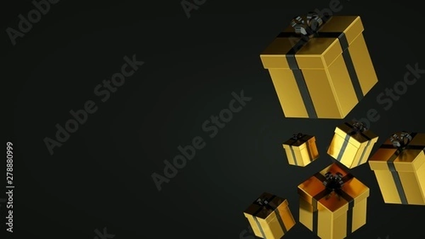Obraz Black gift boxes with gold ribbon on black background. 3D rendering.