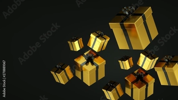 Obraz Black gift boxes with gold ribbon on black background. 3D rendering.