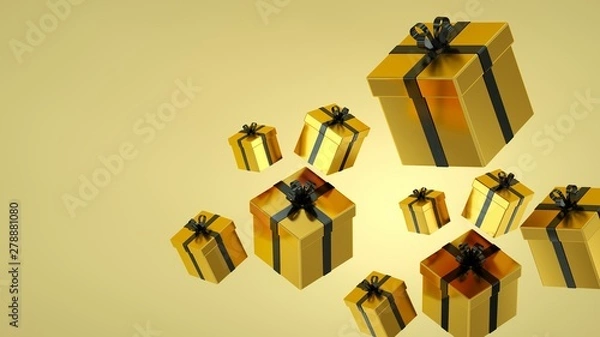 Obraz Gold gift boxes with Black ribbon on Gold background. 3D rendering.