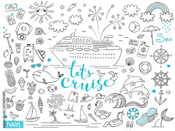 Fototapeta Graphic set of elements. Journey on a cruise ship. Package tour. Vector illustration on the theme of sea travel