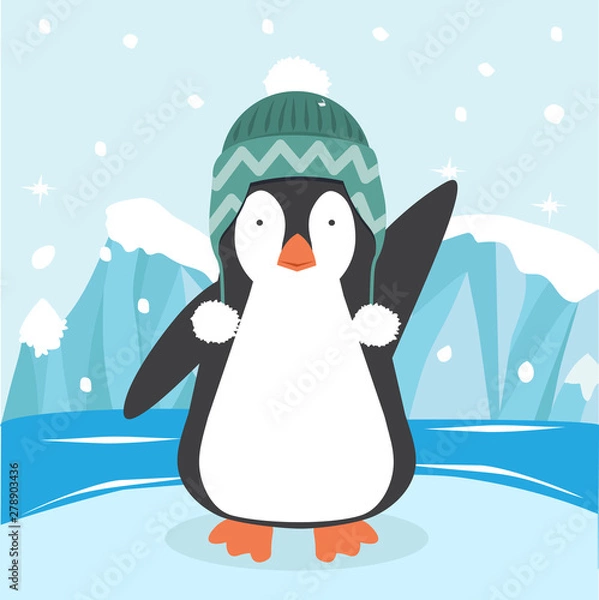Fototapeta Cute penguin in a hat  on ice floe