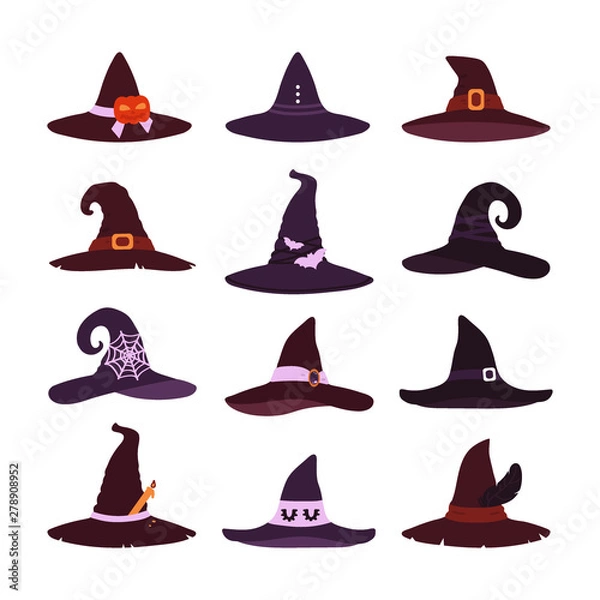 Obraz Witch hats collection isolated on white background. A set of items for Halloween. Vector illustration in the style of flat