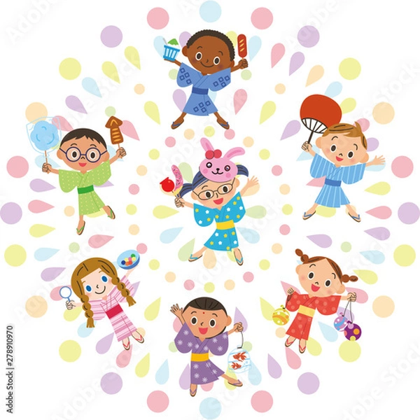 Fototapeta 花火とお祭りを楽しむ子供達