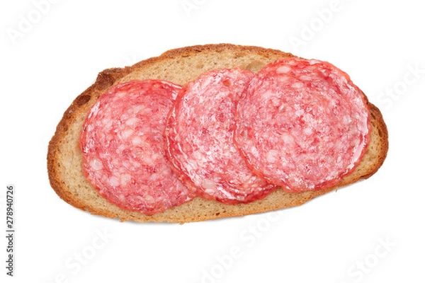 Obraz Sandwich with  sausage, rye bread on white. Flat lay. Food concept.