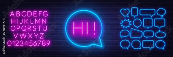 Fototapeta Neon sign hi. Set of neon speech bubbles and the alphabet on a dark background. Template for design.