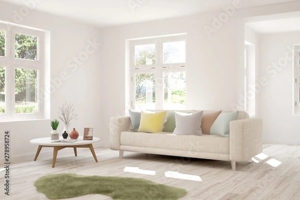 Fototapeta Stylish room in white color with sofa. Scandinavian interior design. 3D illustration
