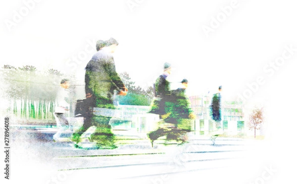 Obraz An imaginary stylised future green city with Asian business men walking at a fast pace through green areas