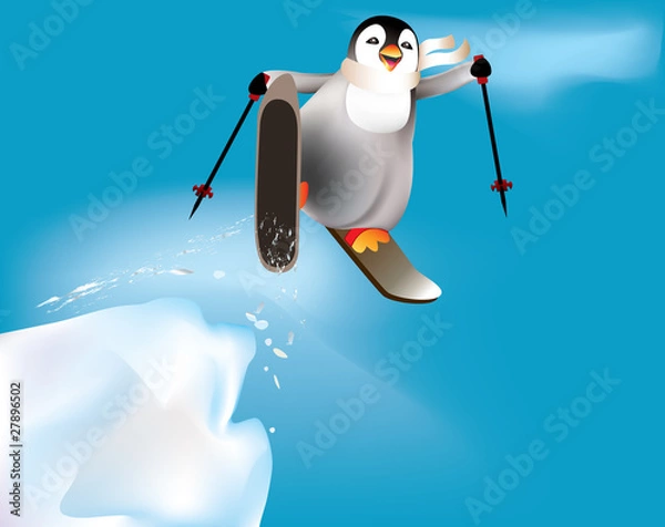 Fototapeta Penguin skiing and having fun.