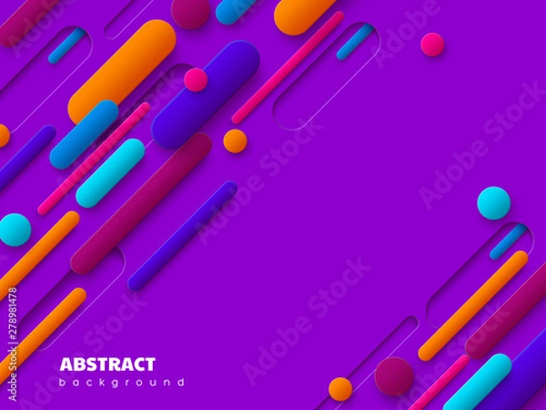 Fototapeta Dynamic abstract background with 3d geometric shapes. Minimal cover design in paper cut style, purple and orange colors. Vector illustration.