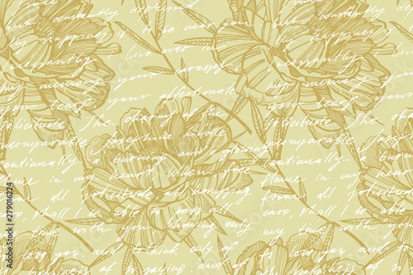 Fototapeta Peony flower and leaves drawing. Hand drawn engraved floral set. Botanical illustrations. Great for tattoo, invitations, greeting cards. Handwritten abstract text.