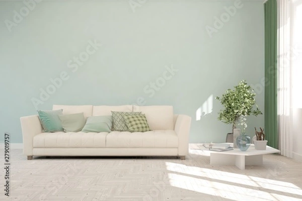 Fototapeta Stylish room in white color with sofa. Scandinavian interior design. 3D illustration