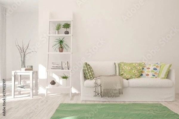 Fototapeta Stylish room in white color with sofa. Scandinavian interior design. 3D illustration