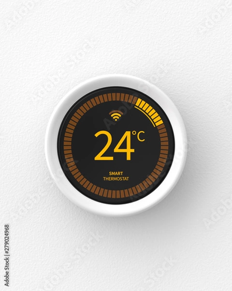 Fototapeta Smart thermostat mounted on a white wall. 3d render. Front view. Smart Home Series.