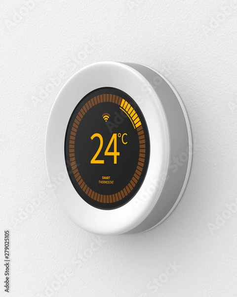 Fototapeta Smart thermostat mounted on a white wall. 3d render. Angled view. Smart Home Series.