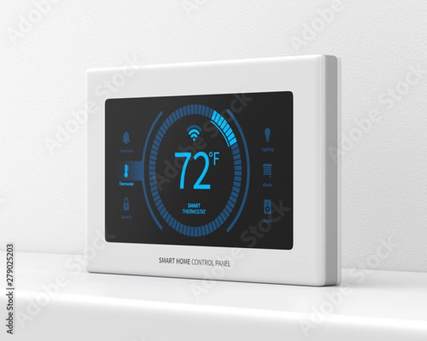 Fototapeta Smart home control panel on a white stand against a white wall. 3d render. Angled view. Smart Home Series.