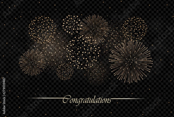 Fototapeta Big realistic firework show isolated on transparent on night sky background. Independence day concept. Congratulations background. Luxury abstract. Explosion concept. Galaxy show. Vector illustration