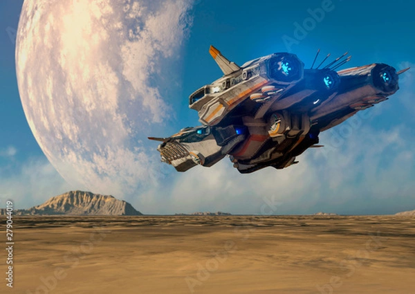 Fototapeta super obcy statek kosmiczny lecący na marsowy księżyc