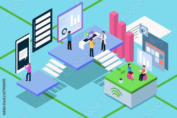 Fototapeta Isometric of Business People Working With Technology Illustration