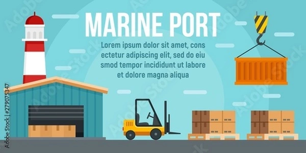 Fototapeta Marine port warehouse concept banner. Flat illustration of marine port warehouse vector concept banner for web design