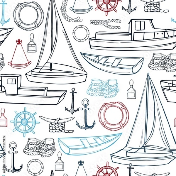 Fototapeta Sea transport, yachts and ships. Vector  seamless pattern.
