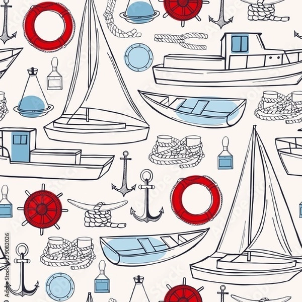 Fototapeta Sea transport, yachts and ships. Vector  seamless pattern.