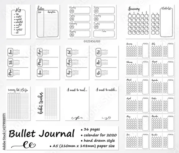 Obraz Set of 36 pages for Bullet Journal with calendar on 2020 year. Diary template.