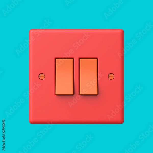 Fototapeta 3d rendered front view of a red and salmon double light switch on a cyan background.