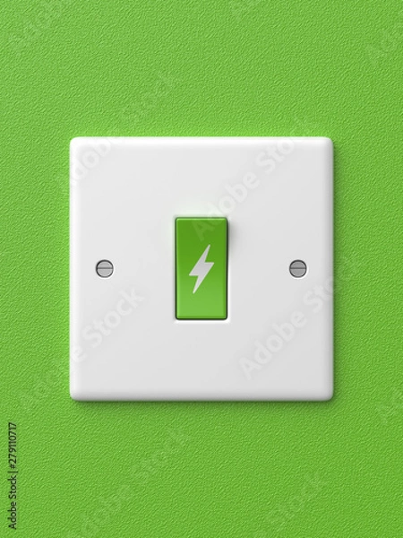 Fototapeta 3d rendered front view of a single green light switch with a power symbol in the on position on a green background.