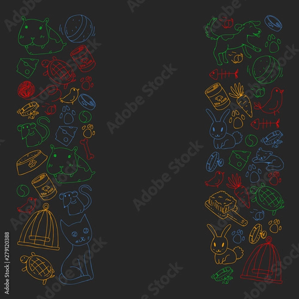 Fototapeta Pet shop. Vector illustration with animals, dog, cat, fish, Colorful background with kitten, bird, puppy. Veterinarian clinic.