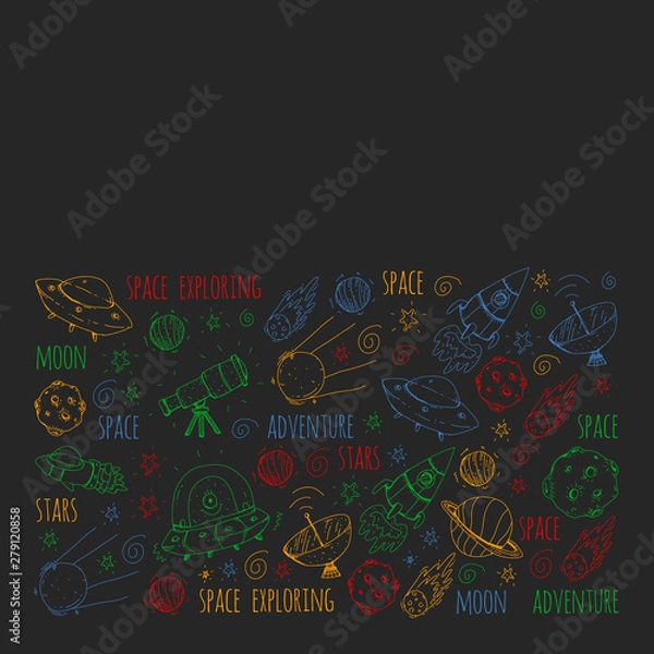 Fototapeta Space vector illustration. Science, technology pattern. Rocket and spaceships.