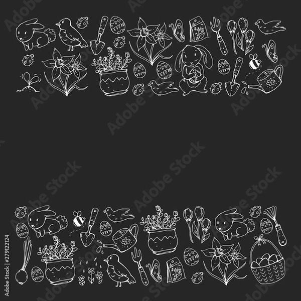 Fototapeta Vector pattern with easter and spring elements. Eggs in basket, bunny, flowers, birds