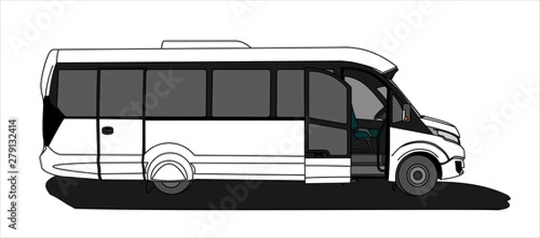 Fototapeta White Bus with an open door, Side view. Tourist bus. Sightseeing bus. Modern flat Vector illustration on white background.