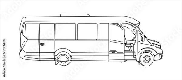 Fototapeta Outline Bus with an open door, Side view. Tourist bus. Sightseeing bus. Modern flat Vector illustration on white background.