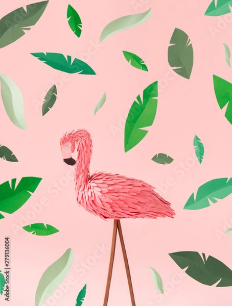 Obraz Pink paper flamingo on pink background with green leaves texture. Creative summer concept. Minimal art.