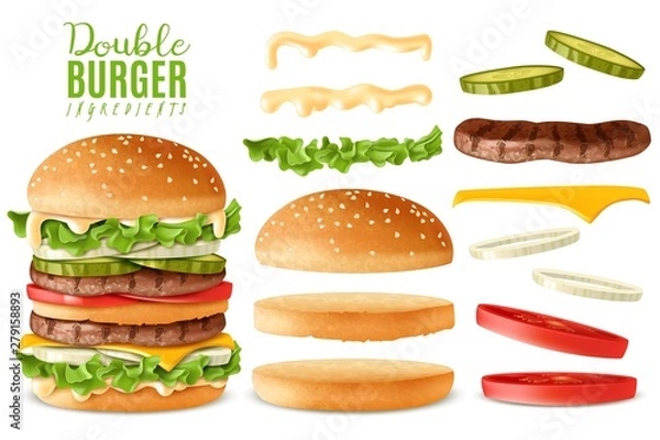 Fototapeta Realistic double burger elements set