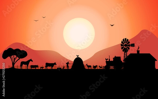 Obraz Vector farm silhouette with a ranch animals