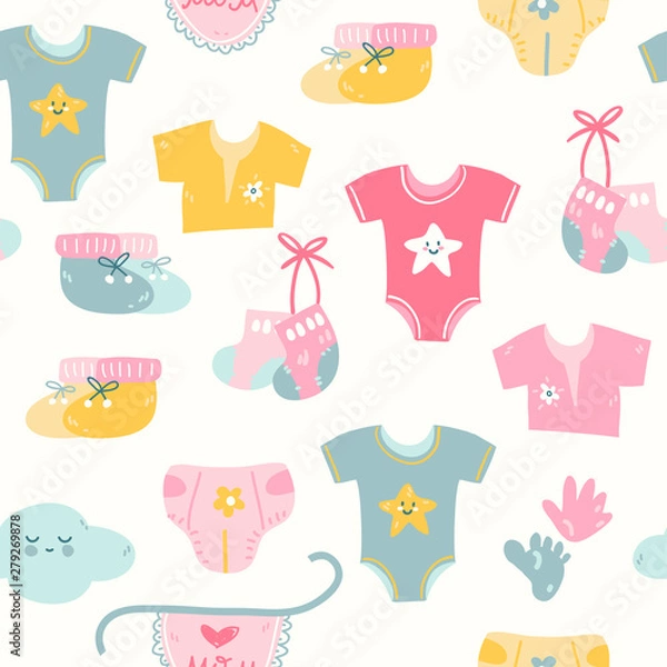 Fototapeta Seamless pattern with different colors baby prams, vintage simple style.