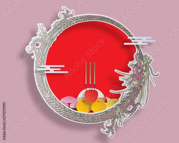 Fototapeta Vector Chinese Ghost Festival paper cut style. Dragon circle Chinese offerings, Joss paper and Ghost Money on red background.