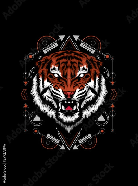 Fototapeta Wild tiger head logo illustration with sacred geometry pattern as the background