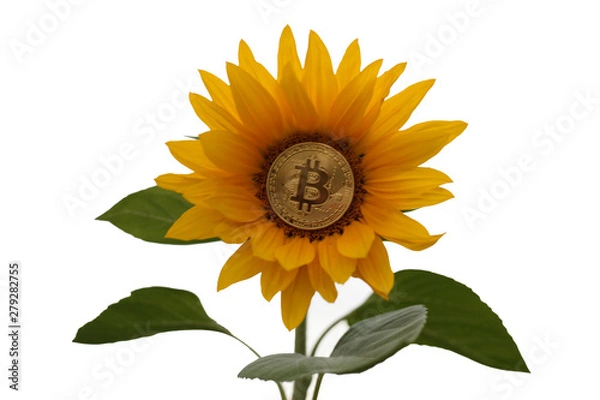 Obraz sunflower with bitcoin on white background